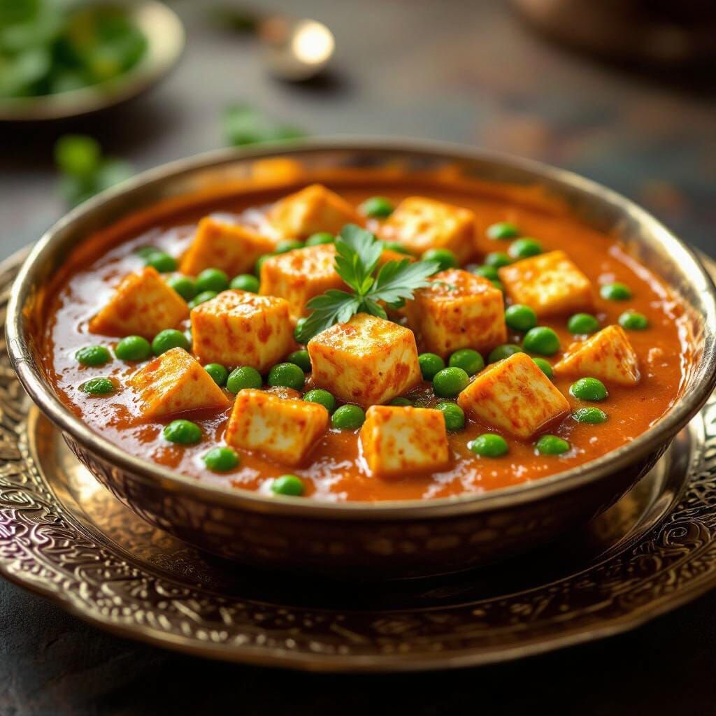 Realistic Matar Paneer Dish on Ornate Indian Plate