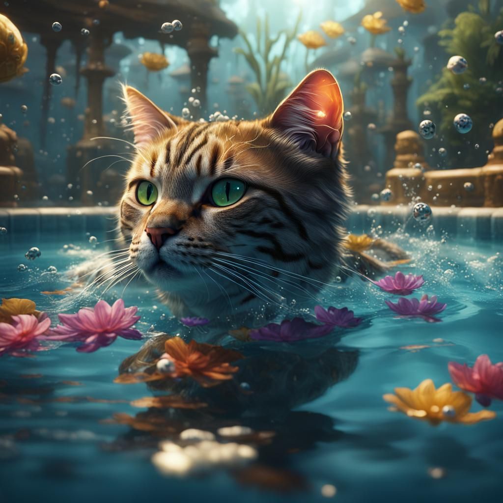 Surreal Cat Dives into an Enchanted Pool in Cyberpunk Style
