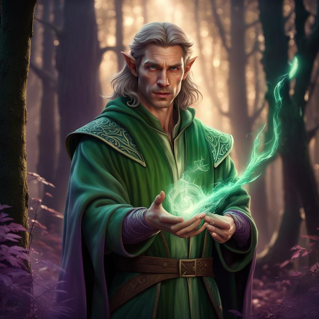 Elf Mage Wielding Magic in Dark Forest