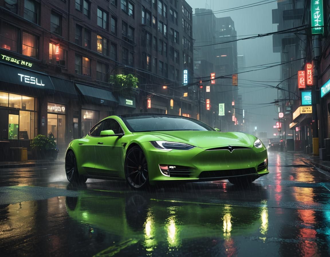 Futuristic Tesla in Industrial Neon Dystopia