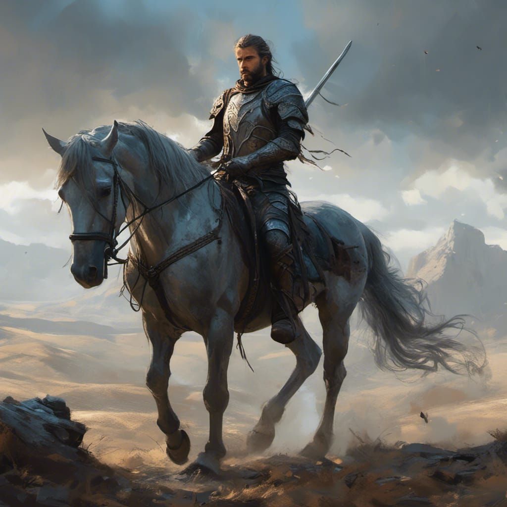 Half-Elf Warrior on Battlefield with Horse