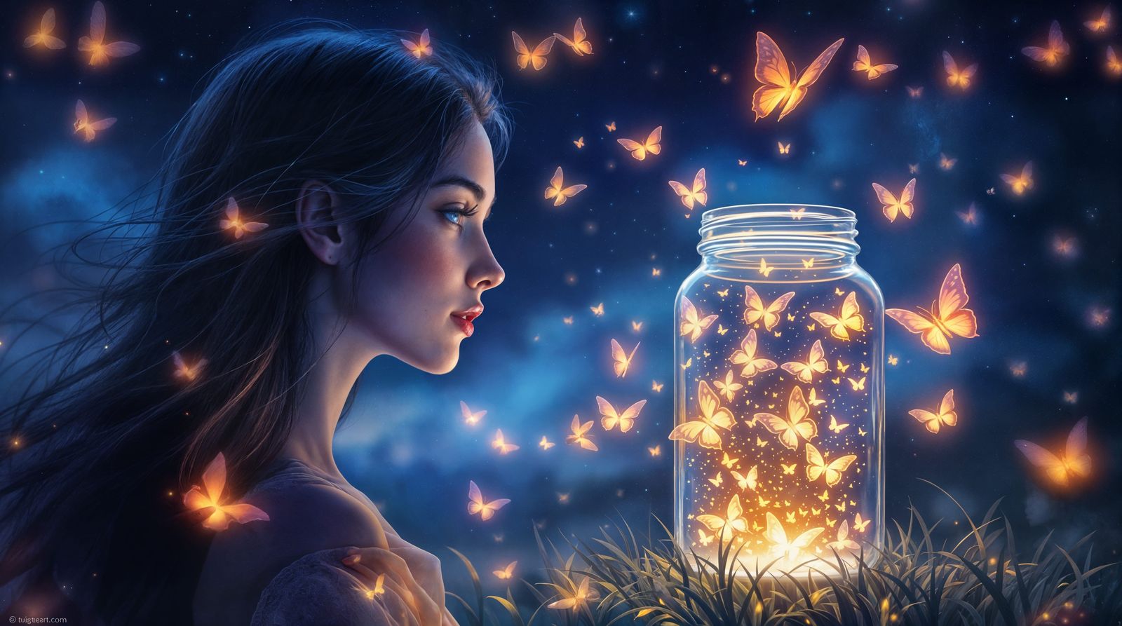 Mystical Night Scene with a Woman and Glowing Butterflies