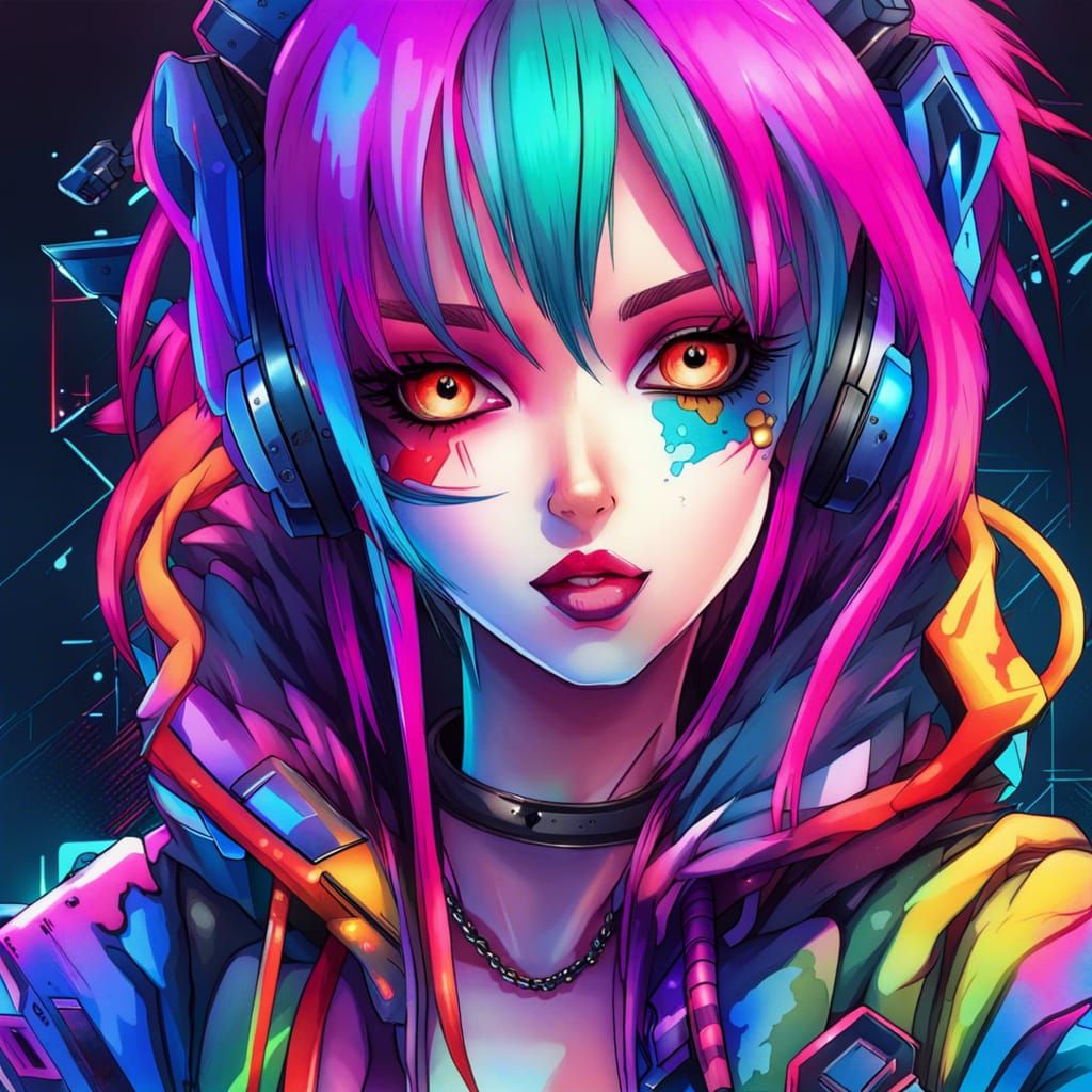 Colorful Manga Cyber Baddie Girl Illustration