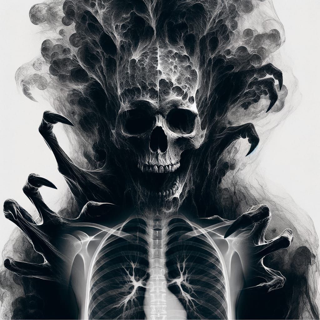 Horror Double Exposure: Smoke Figure Over MRI Scan