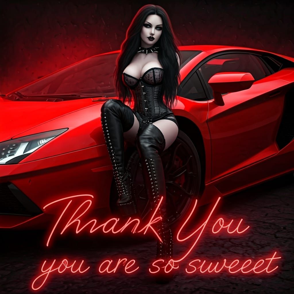 Goth Beauty with Red Lamborghini in Neon Noir