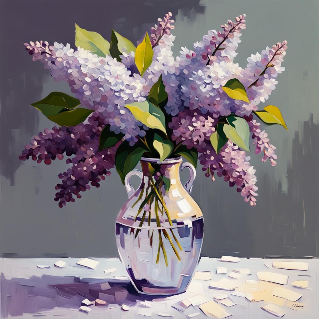 Lilacs in Crystal Vase: Impasto Palette Knife Art