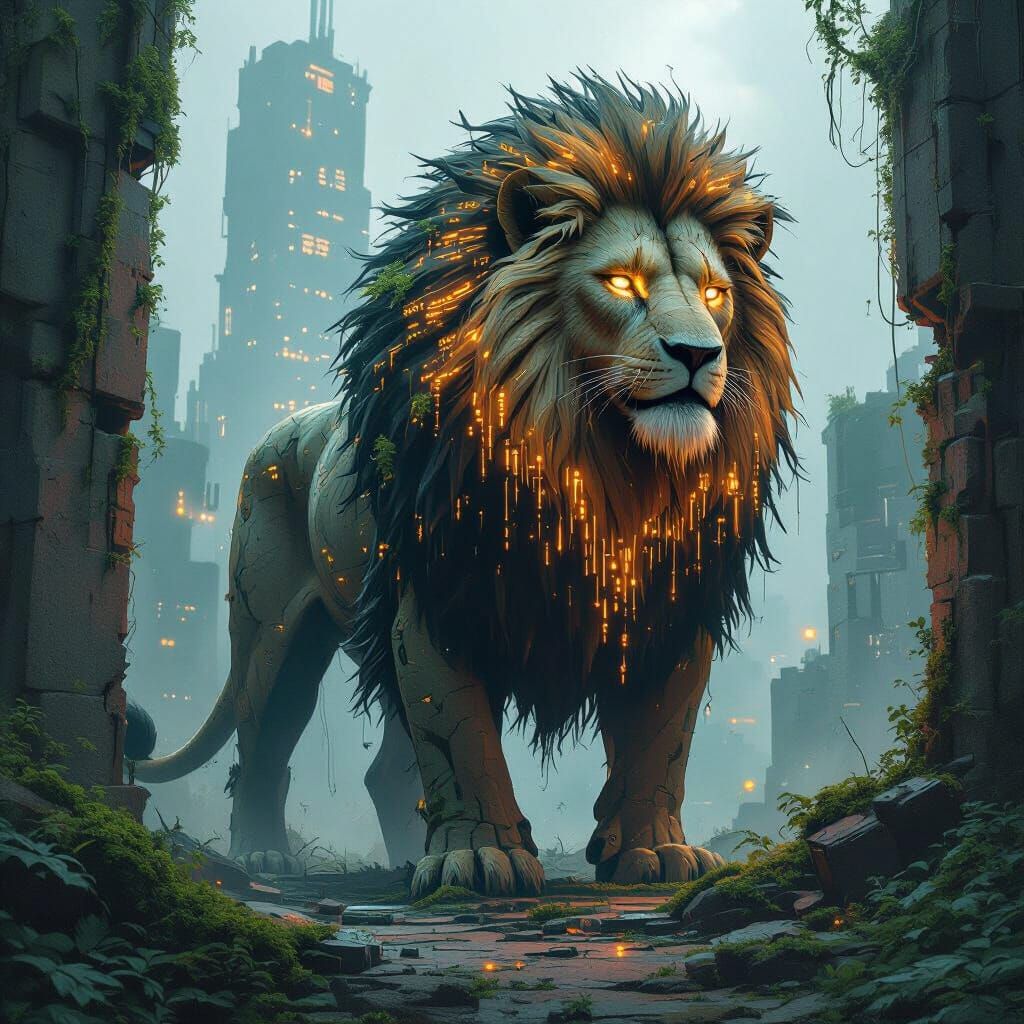 Ancient Lion of Binary Code Guards Overgrown City