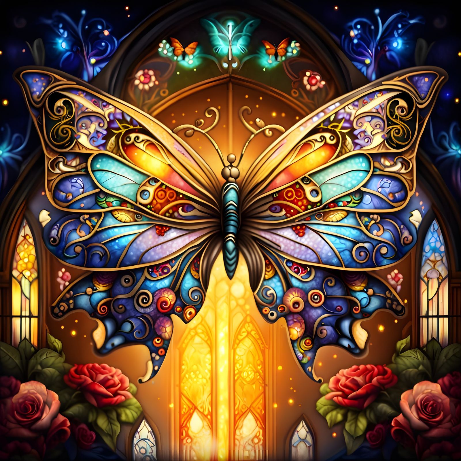 Cosmic Butterfly with Stained Glass Wings