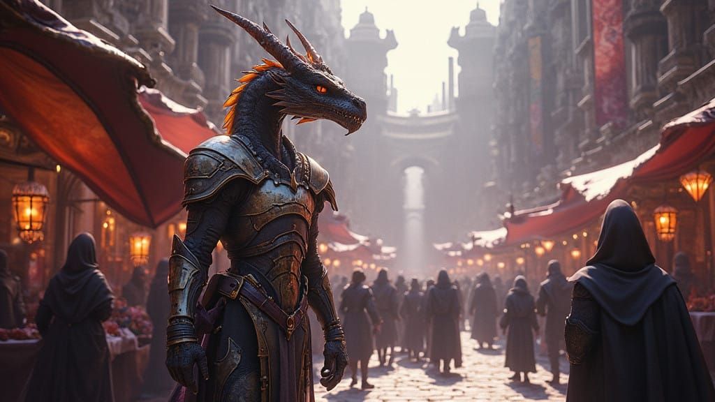 Medieval Market Scene with Dragons as Pets in Futuristic Arm...