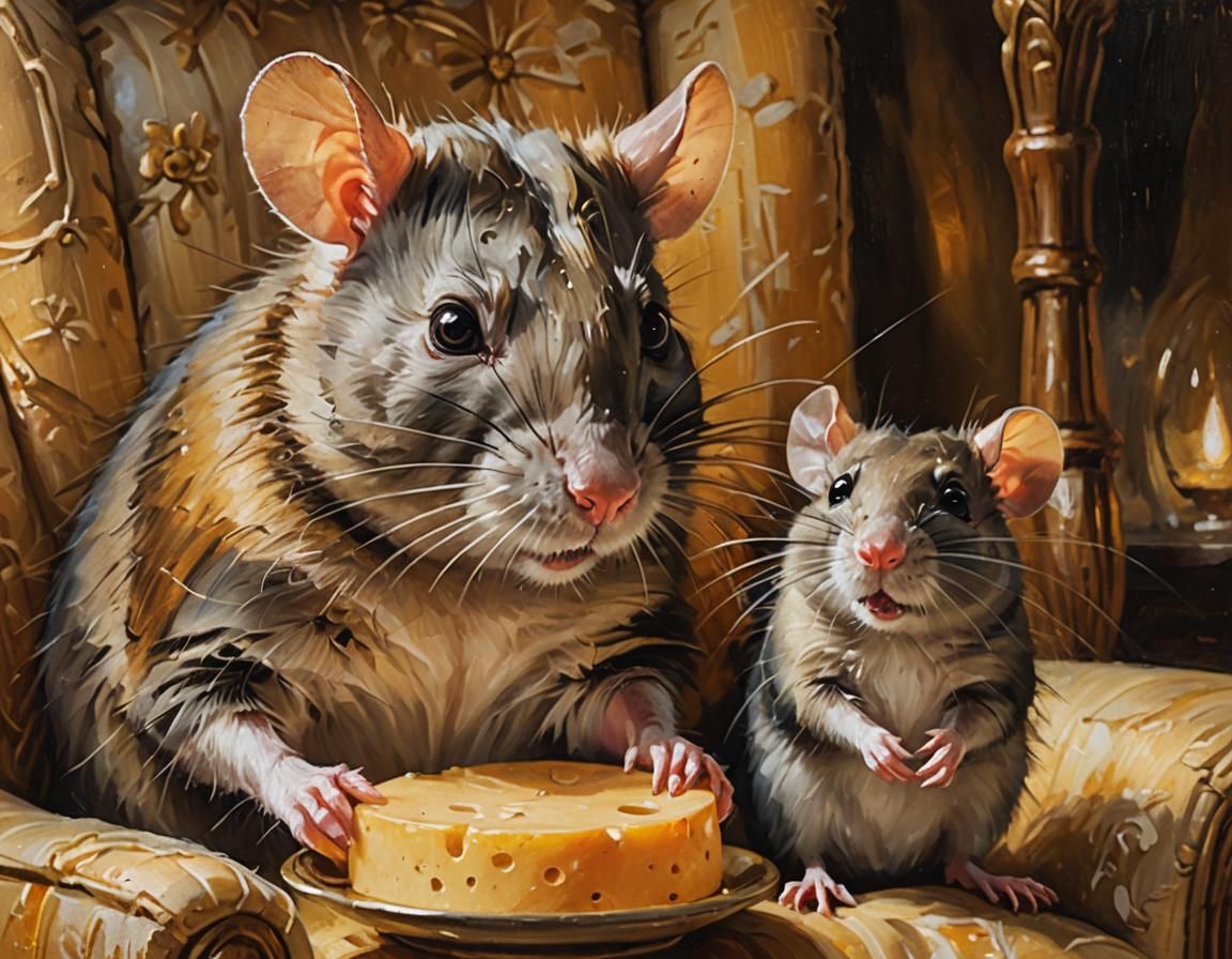 Rats Share Cozy Moment in Oil Painting