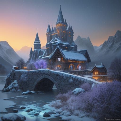 Frozen Village in Mountains: Vibrant Oil Painting