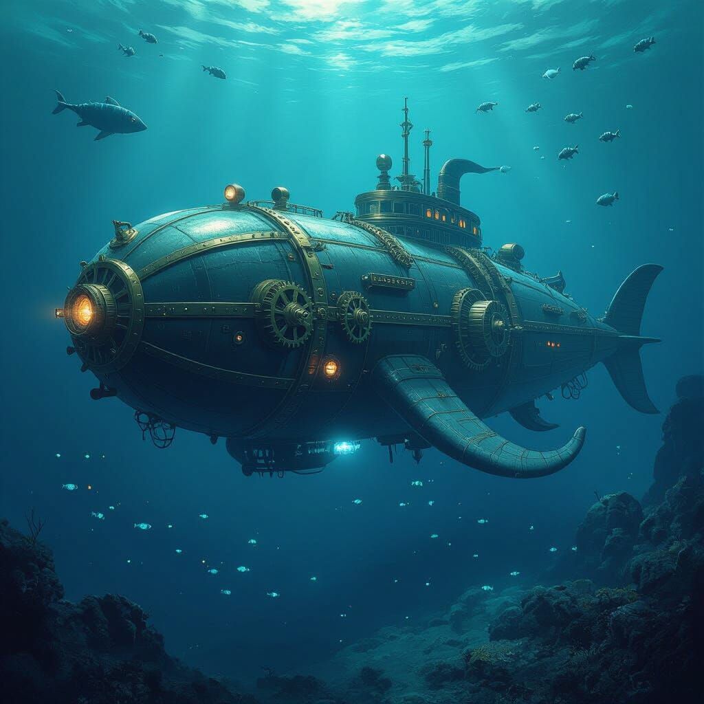 Kraken Submarine Navigating Abyssal Plain in Painterly Style