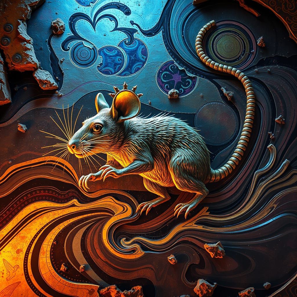 Gilded Rat King Speeding Through Light Vortexes