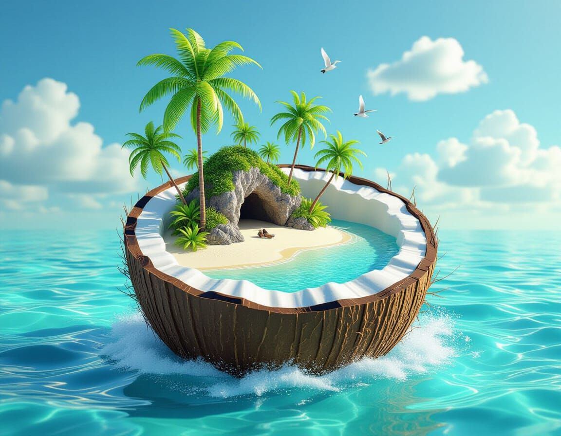 Tropical Island Emerging from Coconut: 3D Render