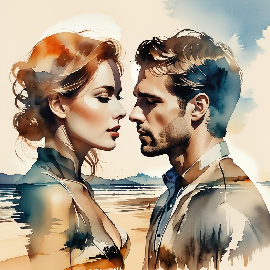 Double Exposure Watercolor of Man with Memories