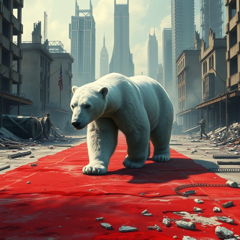 Majestic Polar Bear Walks Solemnly on Tattered Red Carpet in...
