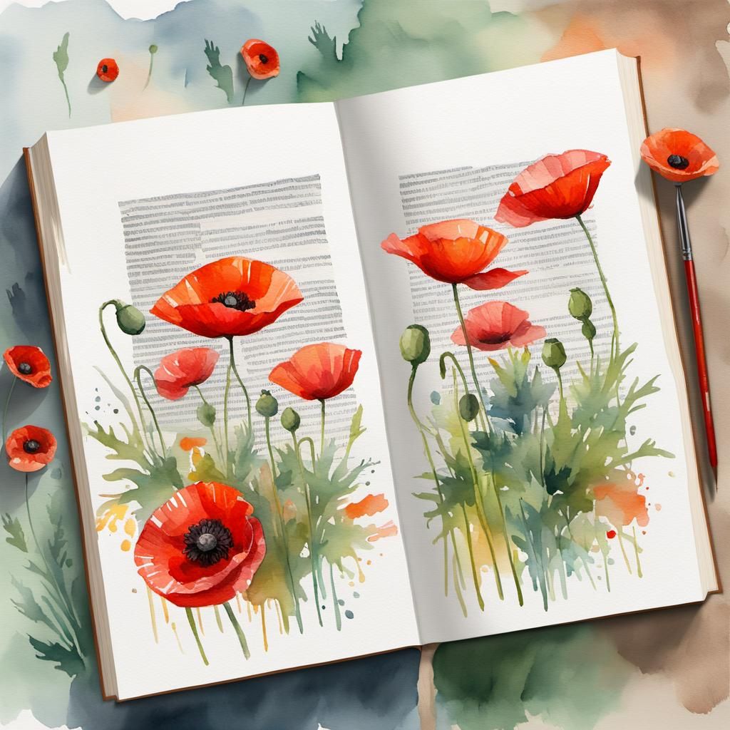 Book and Poppy Watercolor Gouache Painting