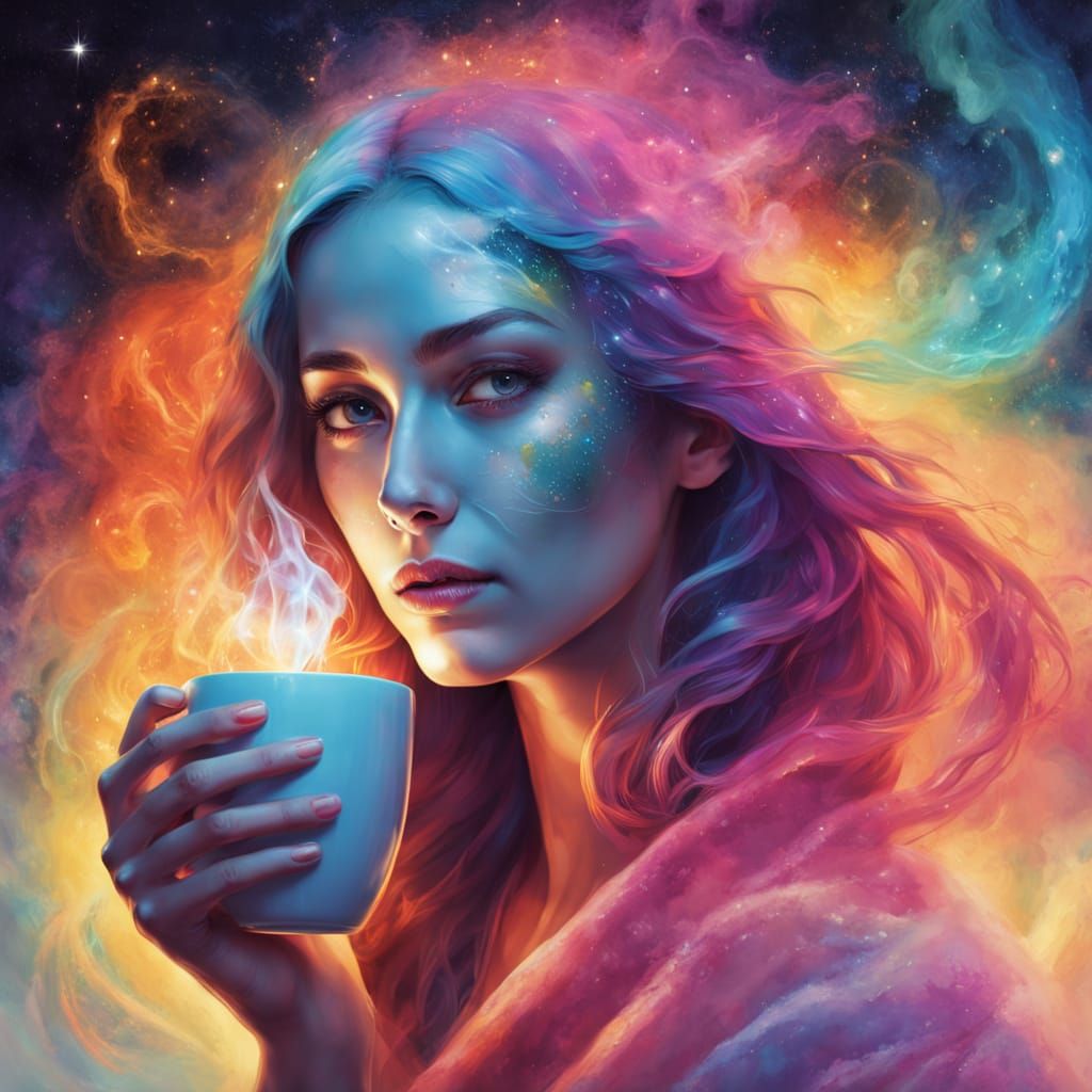 Cosmic Sorceress Gazing into Galactic Coffee Cup