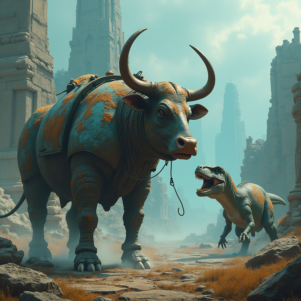 Armored Cow vs T-Rex in Ruined City