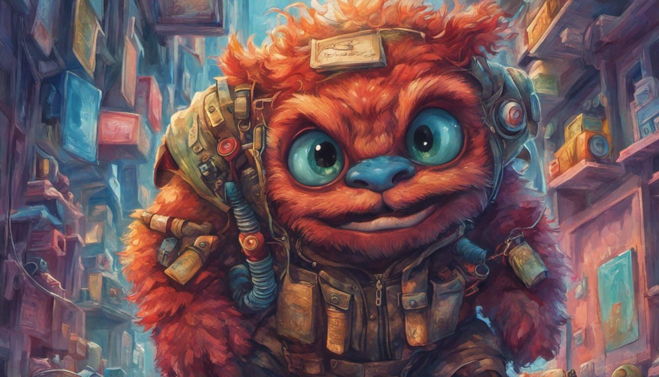 Adorable Furry Monster in School Hallway, Pop Art