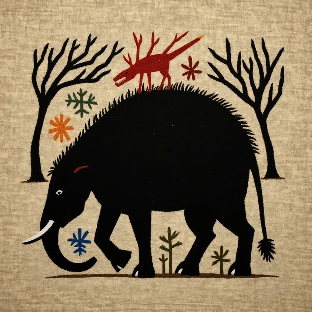 Black Mammoth Silhouette in Stone Age Style