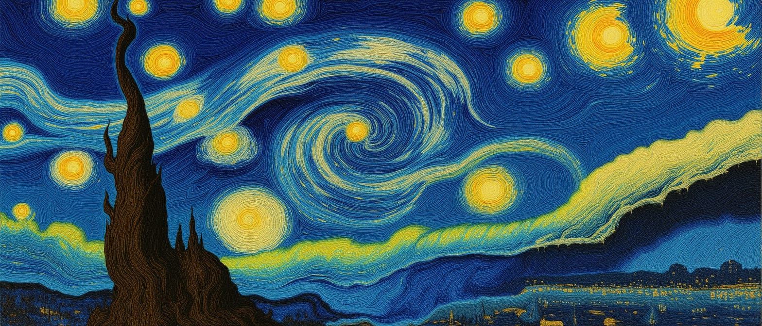 Dreamlike Celestial Scene with Gold Overlays