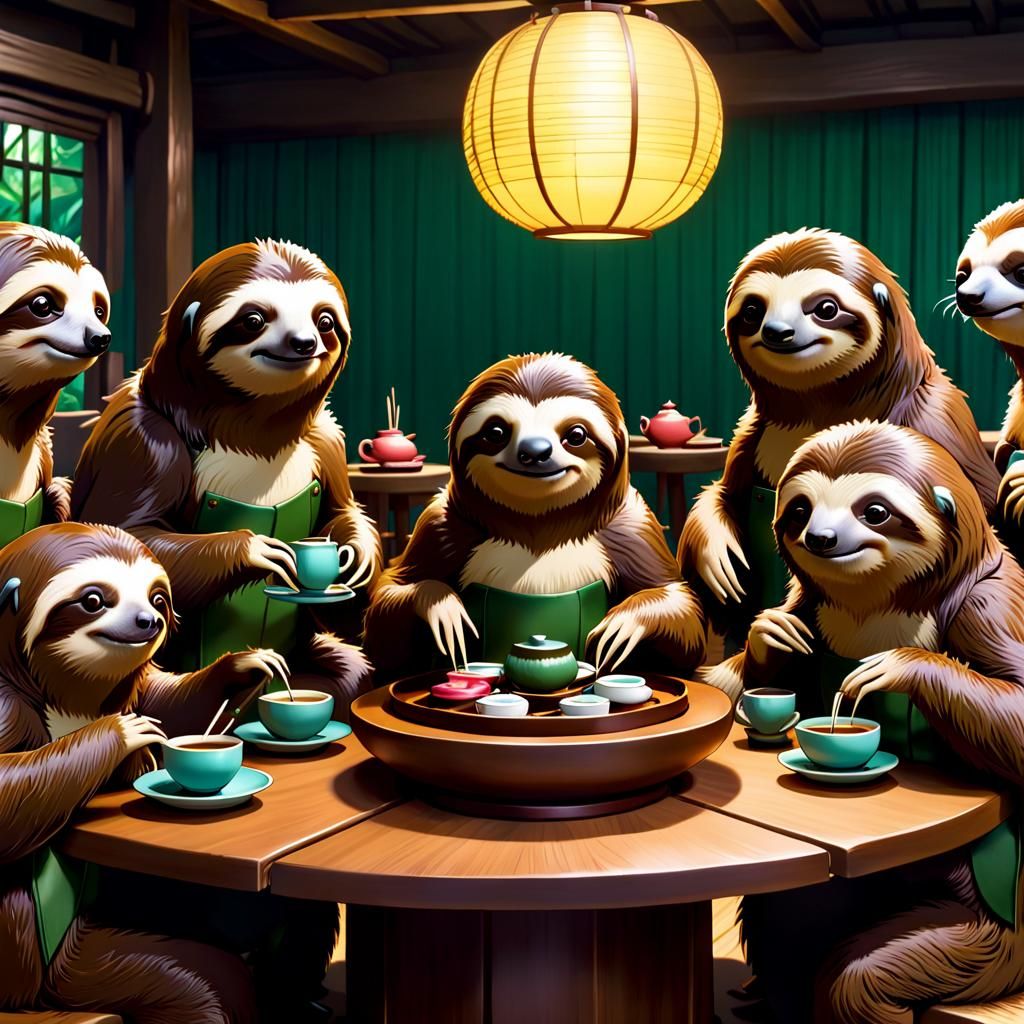 Sloths Host Tea Ceremony in Claymation Anime Style