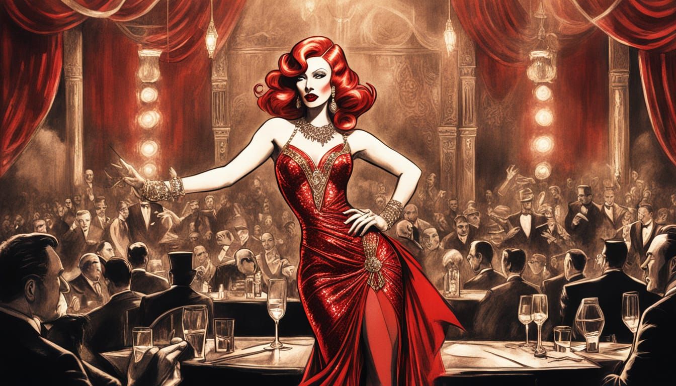 1920s Speakeasy Singer in Red Gown: Charcoal Drawing