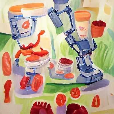 Food Processor with Robot Legs in Gouache Style