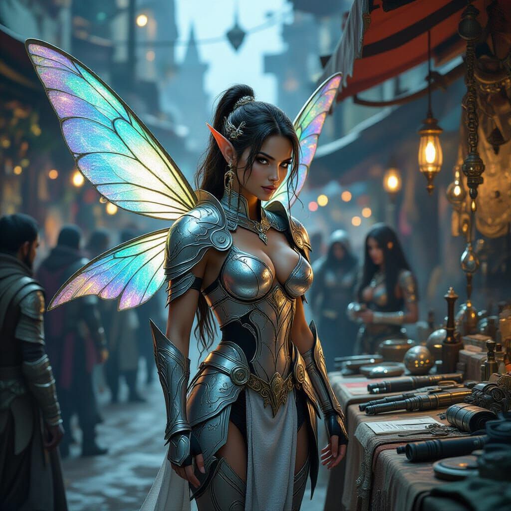 Armored Fairy at Alien Market, in Photorealistic Style