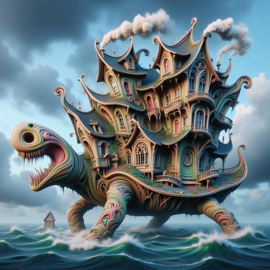 A magnificent unusual house built on top of a sea turtle that's floating in the middle of the sea. <lora:-Wonky Houses-:...
