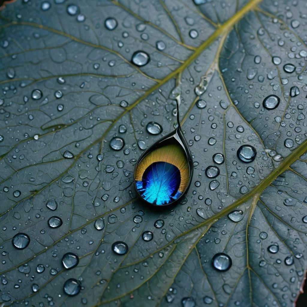 Cosmic Reflection in a Raindrop on Leaf