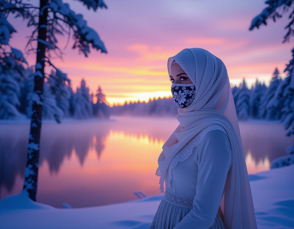 Foggy Winter Forest with Woman in Hijab and Mask