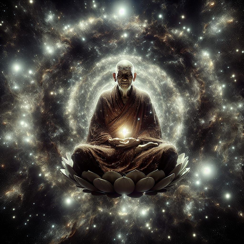 Meditating Monk in Cosmos with Sparkling Aura