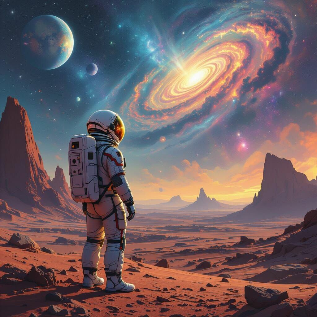 Astronaut on Alien Planet Gazing at Cosmic Wonders
