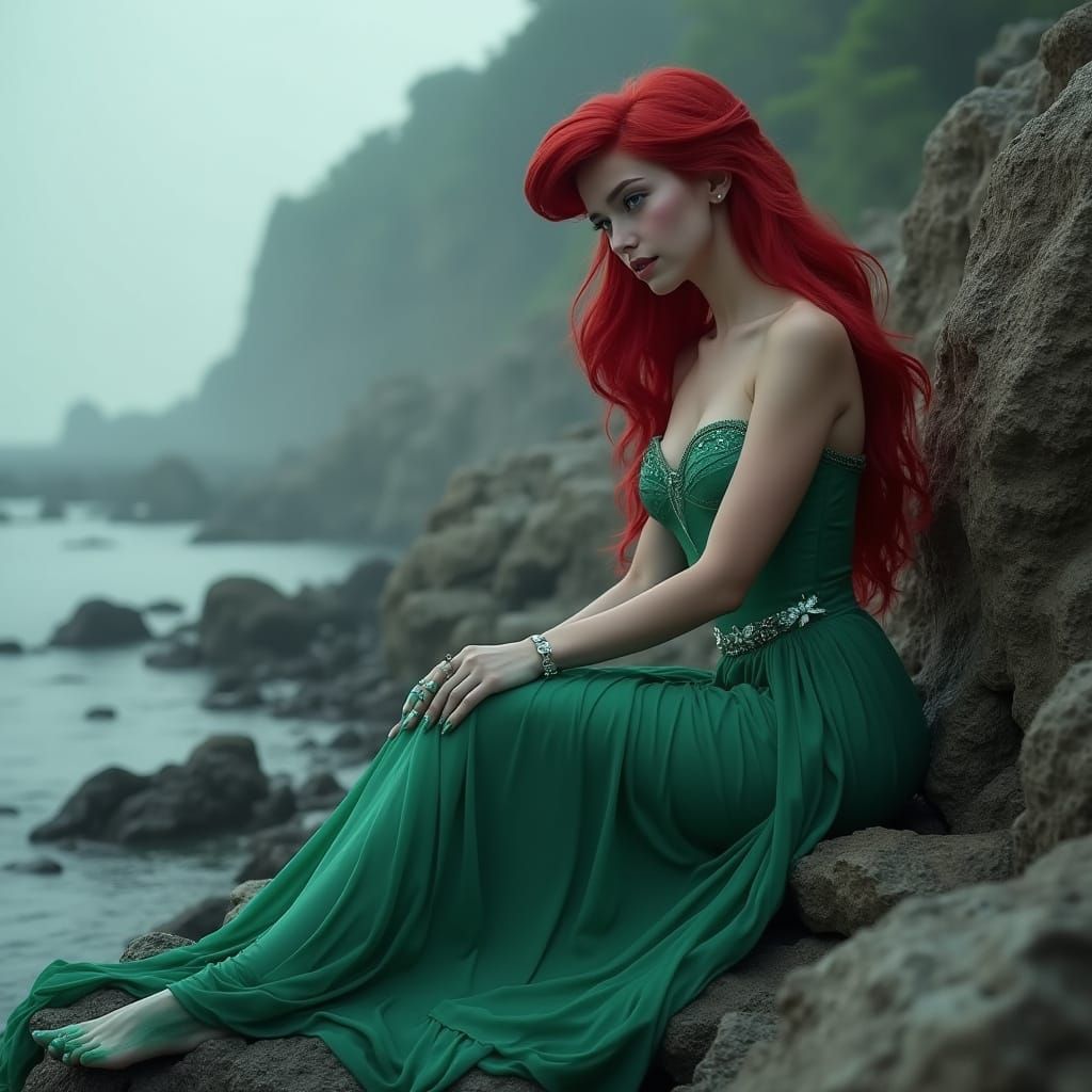 Ariel in Dark Romanticism, Seated on Rocky Coastline with Va...