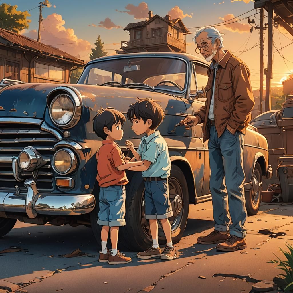 Child and Grandfather Work on Car, Anime Style