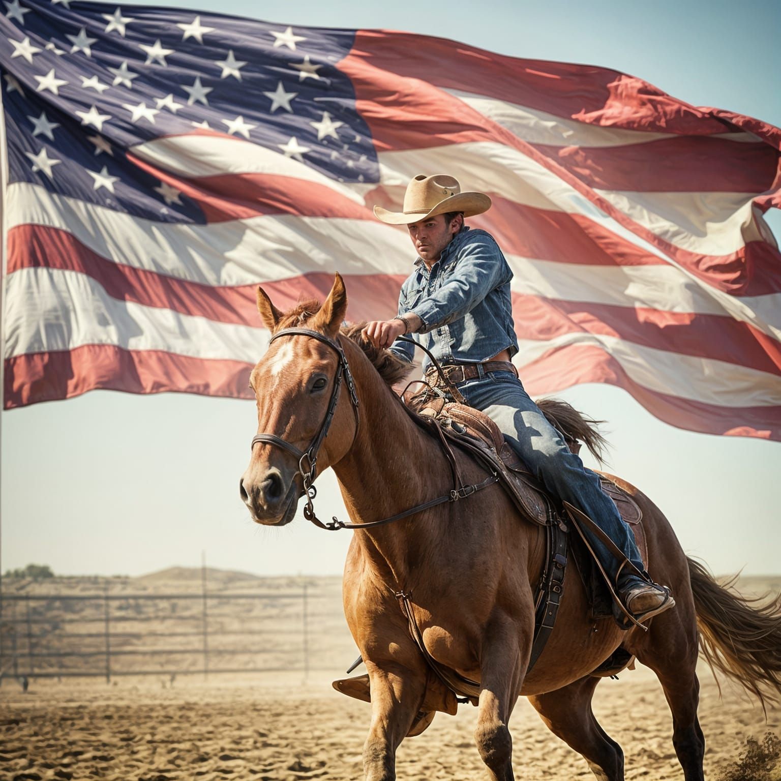Rodeo Rider in Ethereal Waving Flag