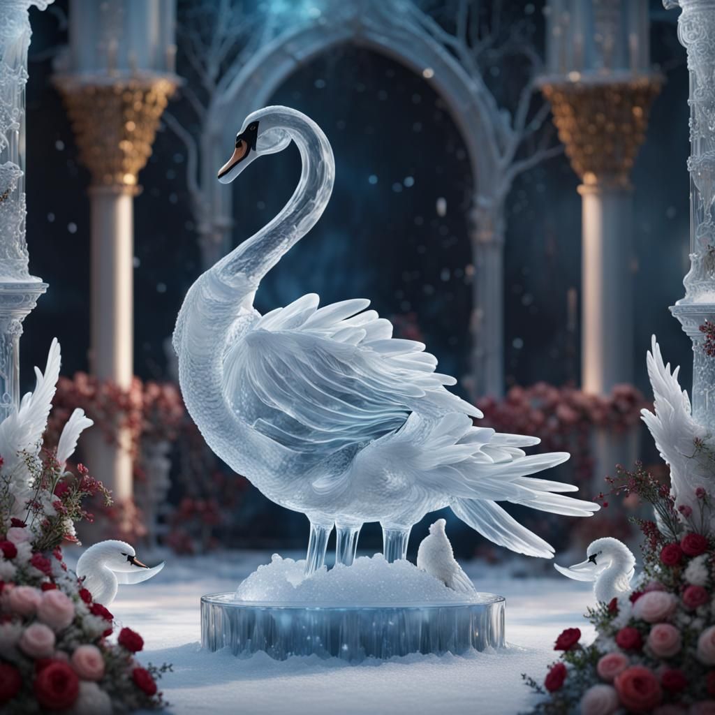 Elegant Ice Swan Sculpture: Fantasy Art