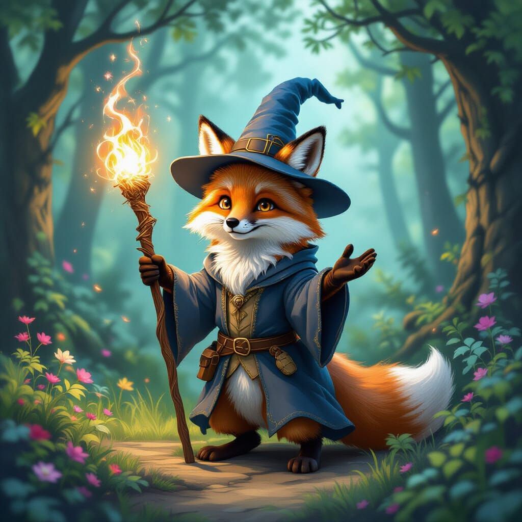 Whimsical Fox Wizard Casting Spell in Enchanted Forest