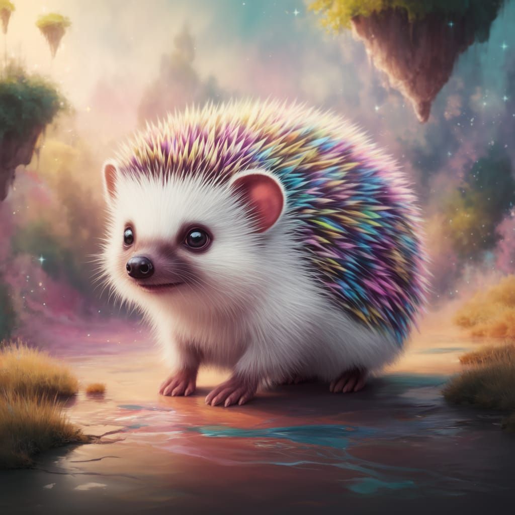 Whimsical Wet Painting of a Cute Baby Hedgehog in a Fantasti...