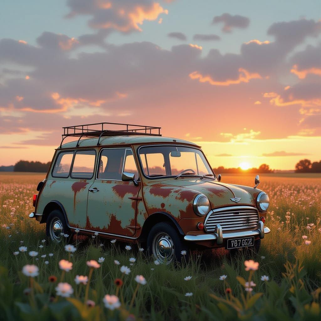 Rusted Camper Van in Wildflower Field at Twilight