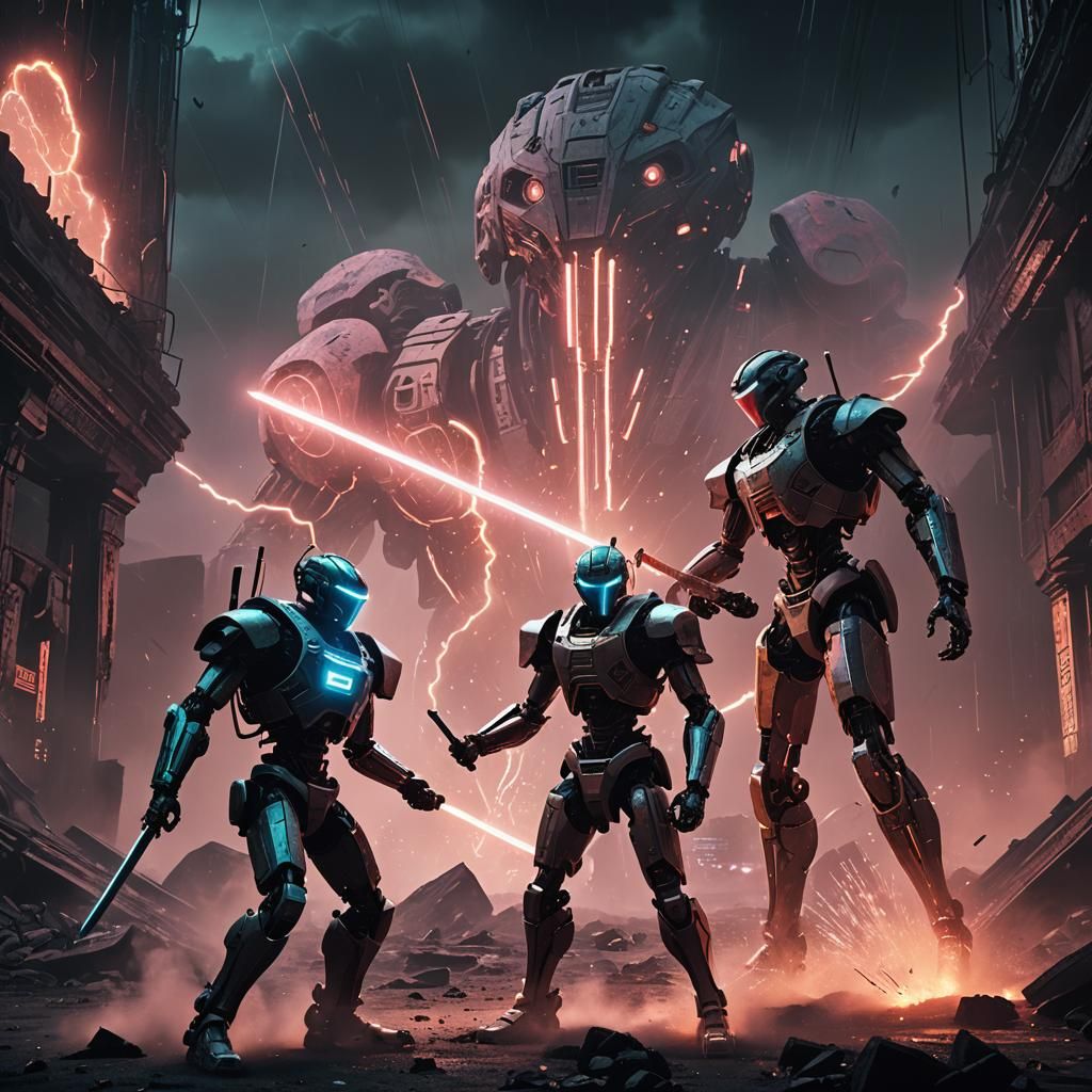 Cyberpunk Robots Duel in Volcanic Ash Cloud