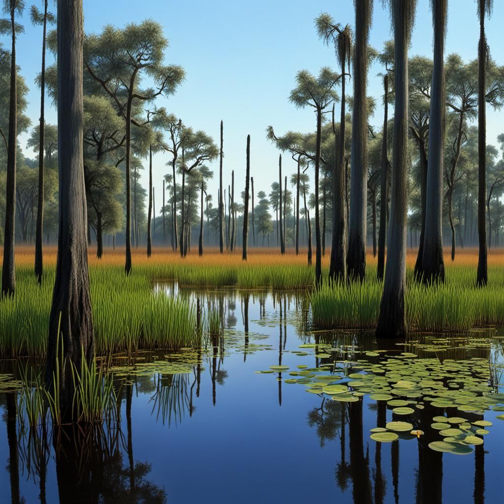 Lush Marshland Landscape at Sunset