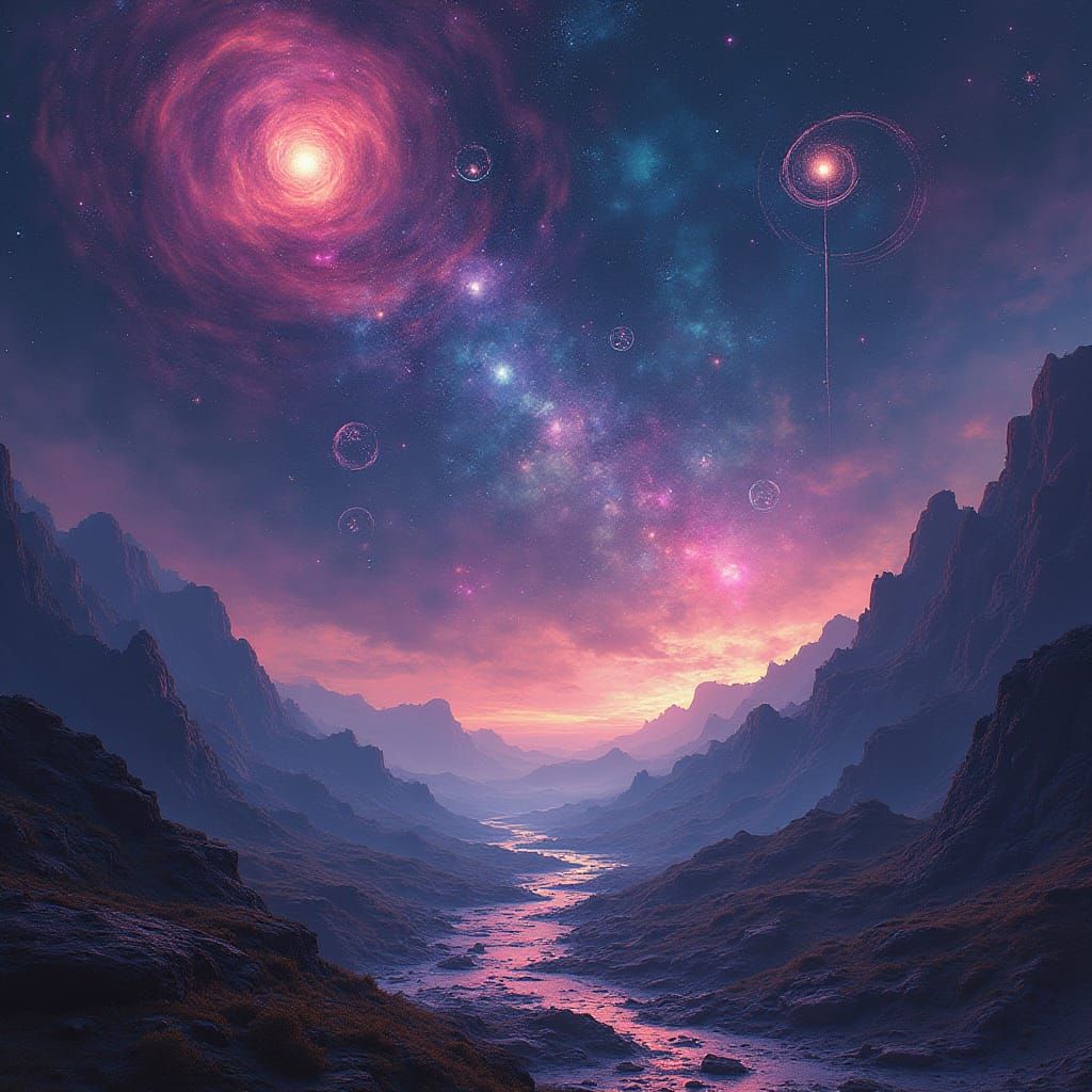 Surreal Cosmic Landscape with Distorted Galaxies