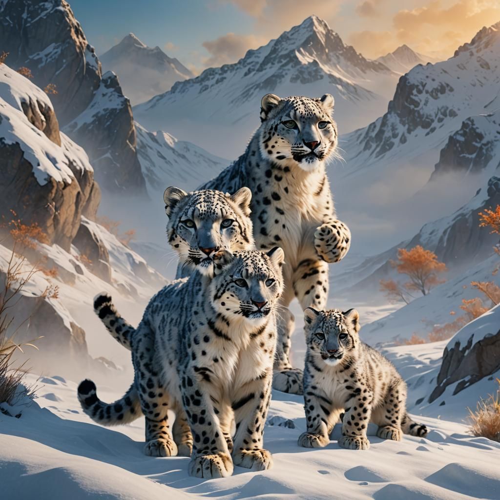 Snow Leopard and Cubs in Winter Wonderland