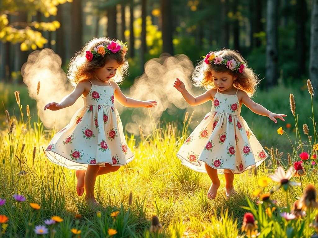 Sisters Dance in Morning Meadow, Folkloric Realism Art