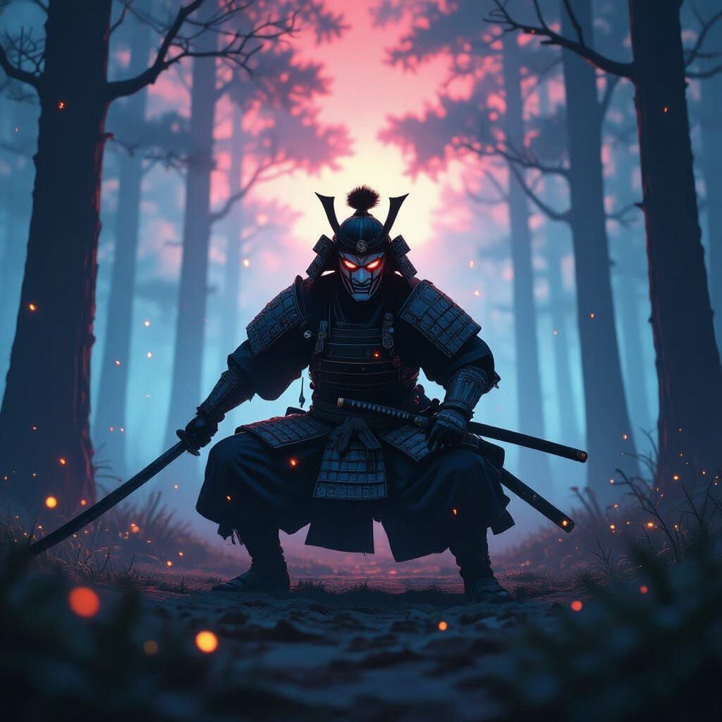 Shadow Samurai in Stained Glass Forest at Dawn