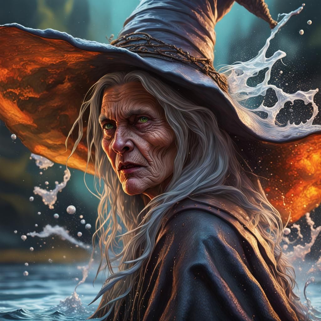 Hyperrealistic Witch Crone Splash Art Portrait