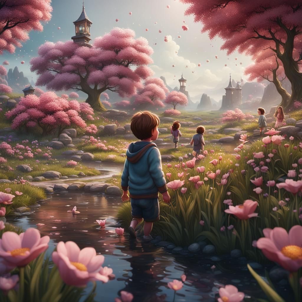 Child's Joyful Spring: Detailed Fantasy Art